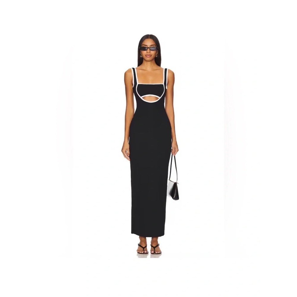 Peppermayo Black White Contrast Knit Open Back Midi Dress XS/S Cutout Scoop Neck
